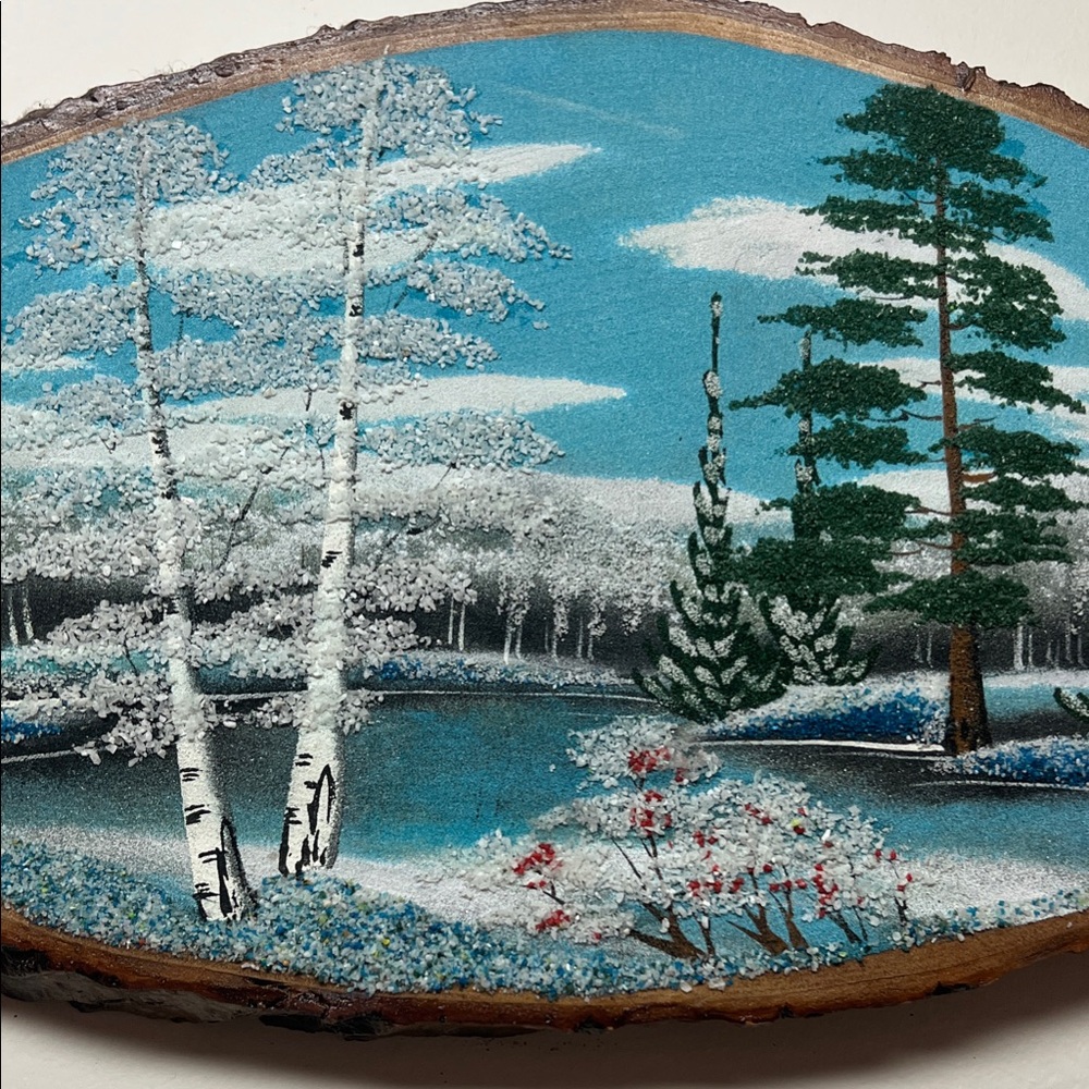 Serene Winter Landscape Painting on Wood - Blue and Green